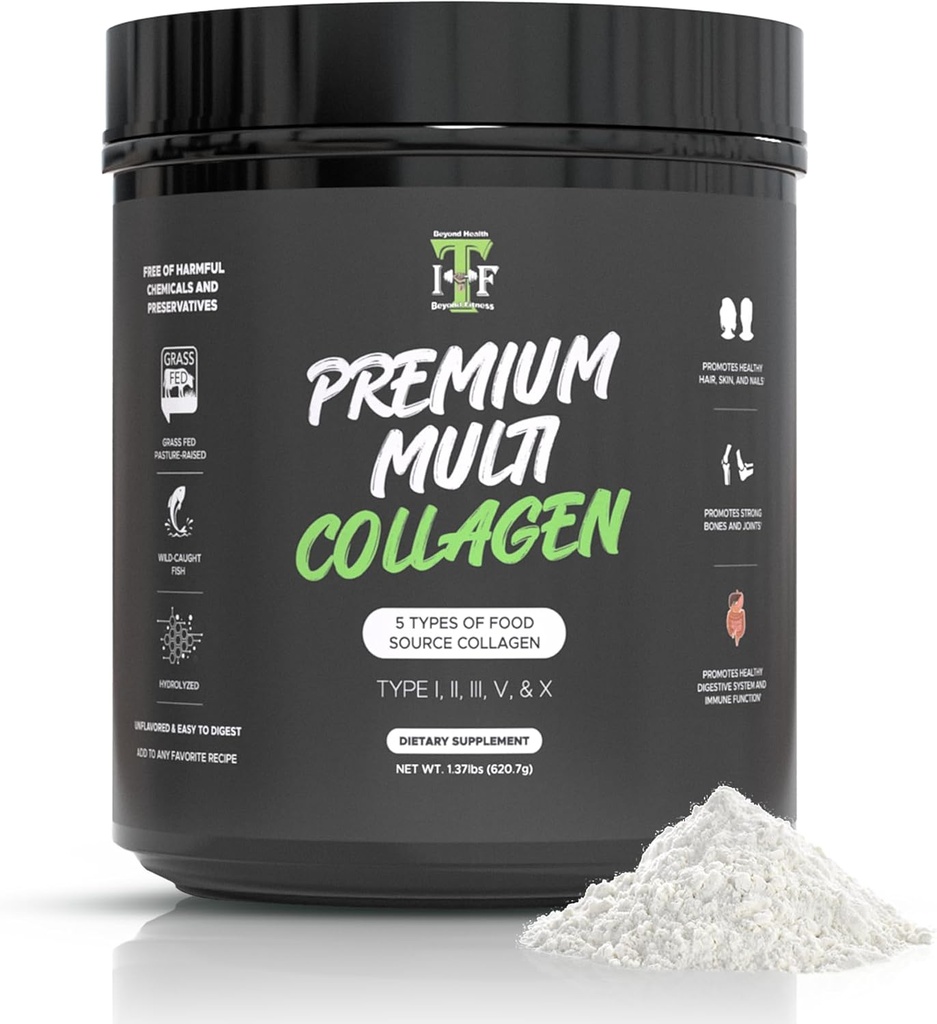 Multi Collagen Peptider Powder Unflavored - 5 typer Multi Collagen Complex (I, II, III, V, X) - Græs Fed Hydrolyzed Powder Collagen til hår, hud, negle, Joints & Gut Sundhed - 30 Servere