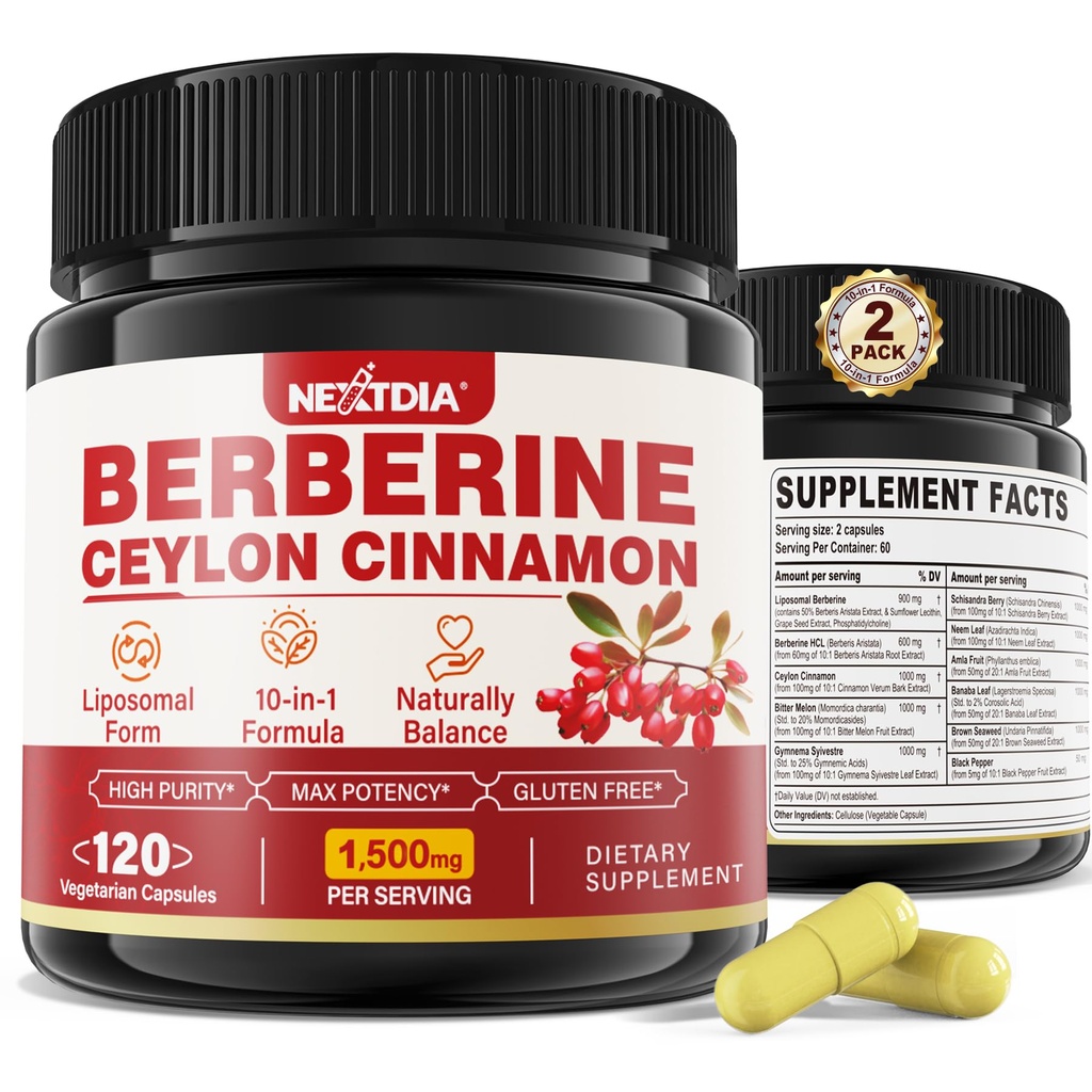 2 Pack 1500mg Liposomal Berberine HCL med Ceylon Cinnamon Bitter Melon, Organic Berberine Complex Kosttilskud med Banana Leaf, understøtter immunforsvar & fordøjelse - Vegan 240 Kapsler