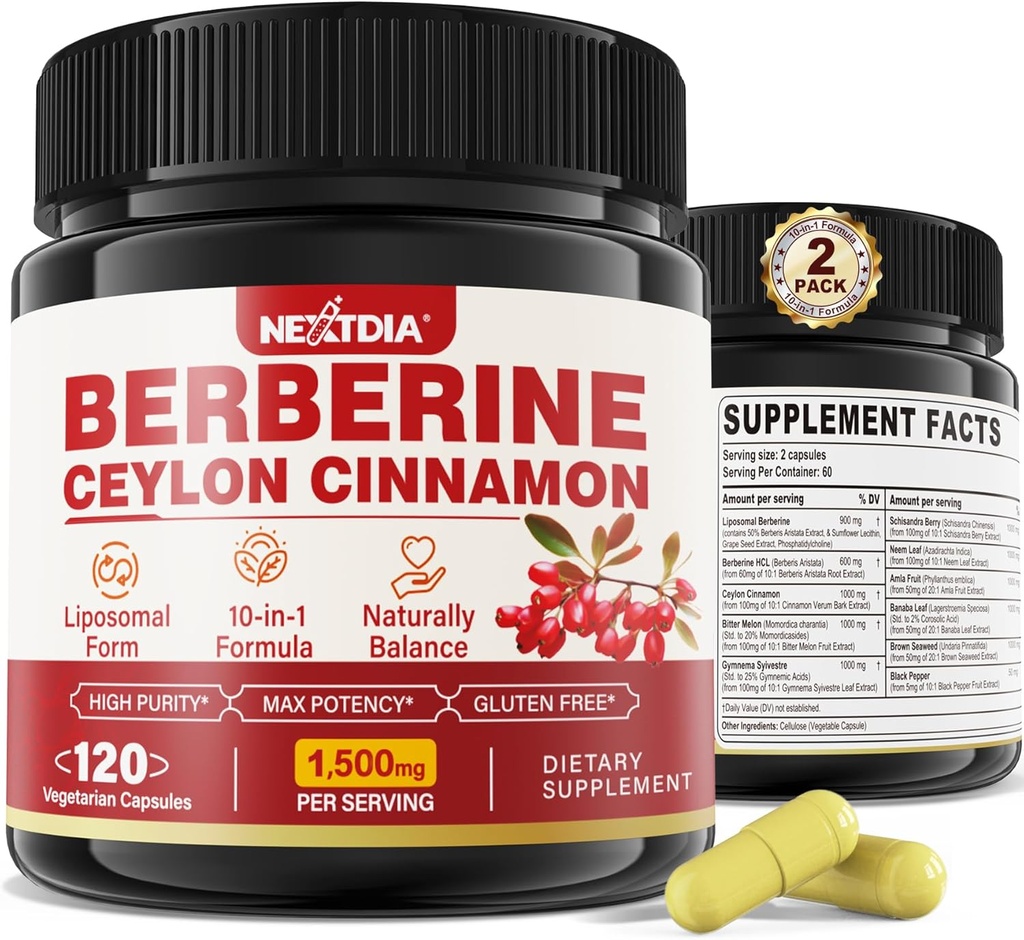 2 Pack 1500mg Liposomal Berberine HCL med Ceylon Cinnamon Bitter Melon, Organic Berberine Complex Kosttilskud med Banana Leaf, understøtter immunforsvar & fordøjelse - Vegan 240 Kapsler