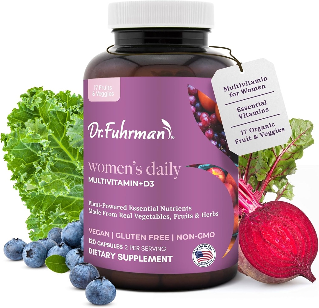 Dr. Fuhrman 2 Monthly Supply Multivitamin for Women + D3 Vitamin for immunsupport.124; Vegan Formel Dame Multivitamin med B12 & Zink.124; Hele fødevarer multivitamin med 17 Frugt & Veggies