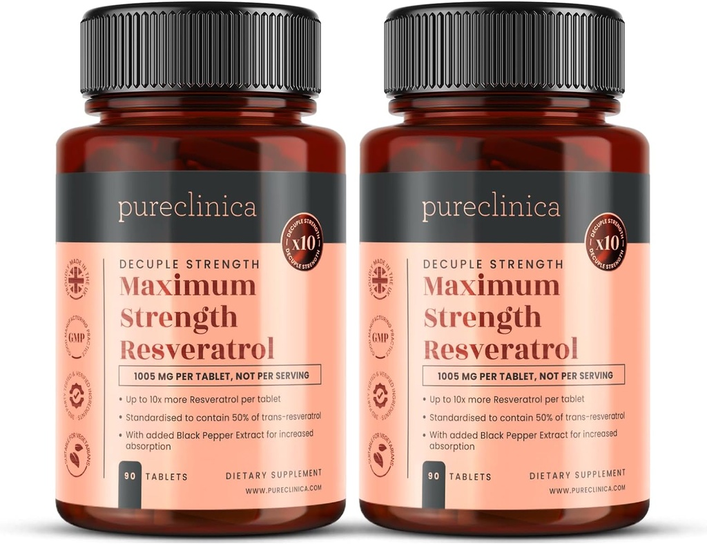 pureclinica 1000mg Resveratrol x 180 tabletter (2 flasker med 90 tabletter Hver - 6 måneder Tilgang). 10 x Styrke og med Black Pepper Extract til hurtigere absorption