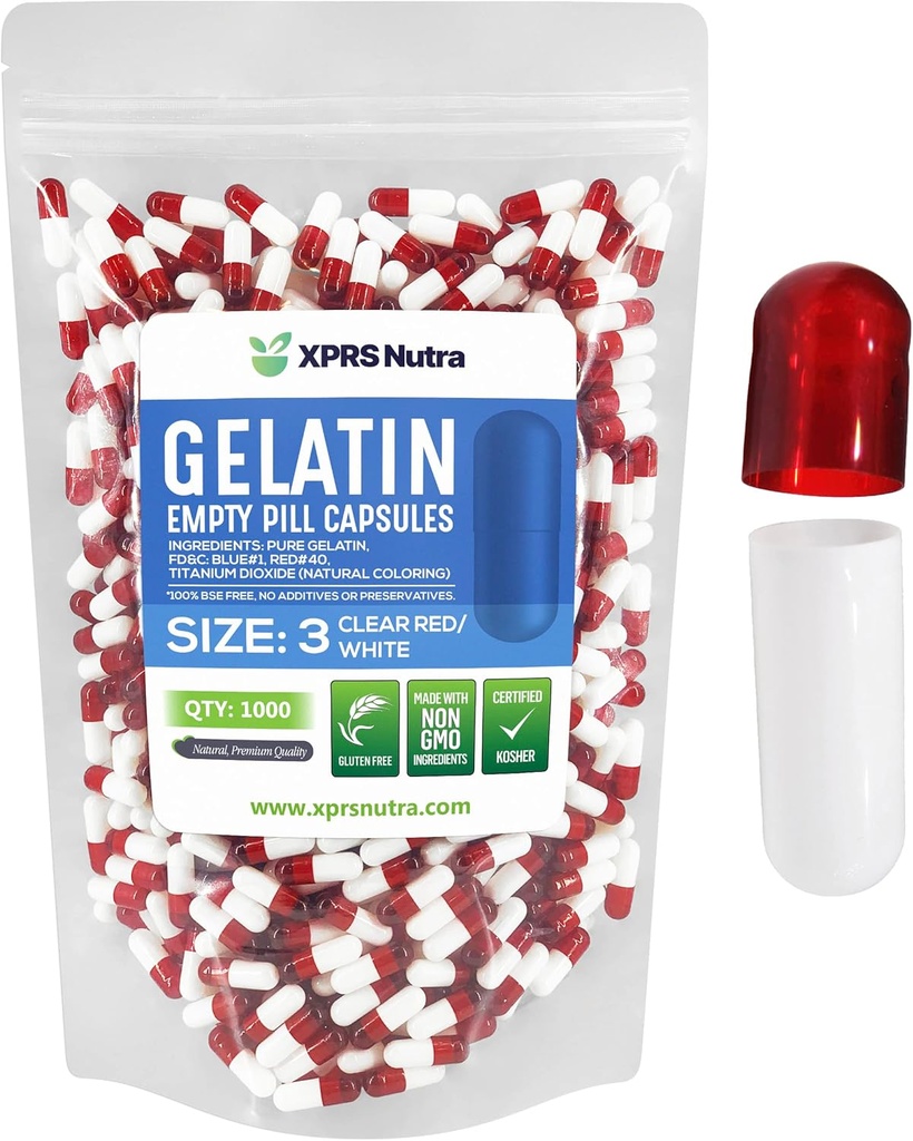 XPRS Nutra Størrelse 3 Tomme kapsler - 1000 Tomme Gelatine kapsler - Piller gør det - Pure Bovin Pille Gel Caps til Do- It- Yourself kosttilskud (Clear Red / White)