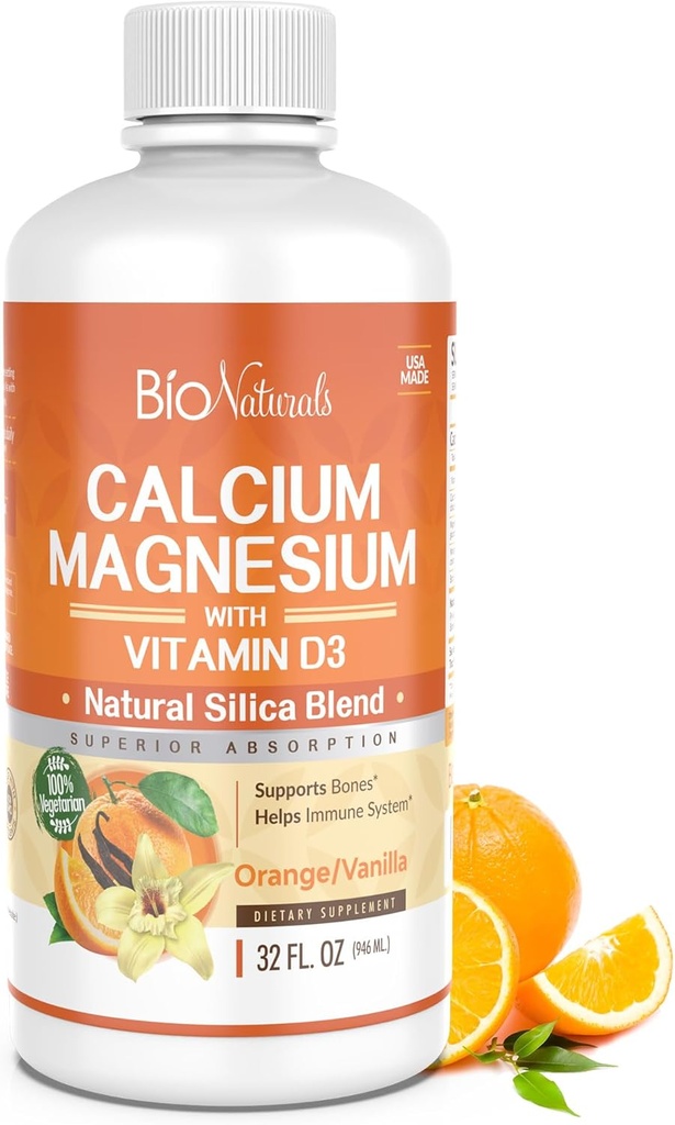 Bio Naturals Calcium & Magnesium Væske tillæg med vitamin D3 - naturlige formel, Four typer af Calcium støtter stærke knogler med Superior Absorption til piller - 100% Vegetar - 32 fl oz