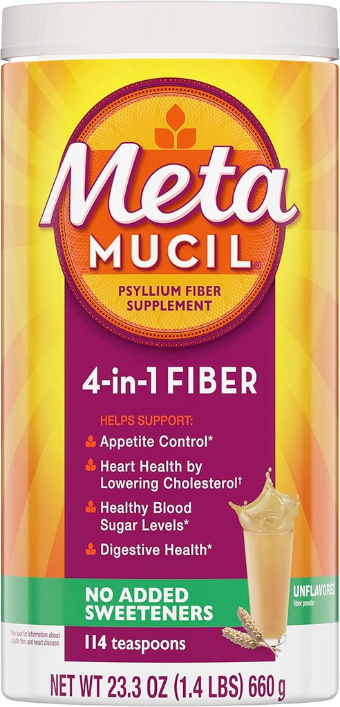 Metamucil, Psyllium Husk Powder, Unflavored with No Added Sweeteners, 114 Servering, 4-in-1 Fiber Supplement, Daily Psyllium Husk Fiber Powder Hjælp støtte fordøjelsessygdomme ved at fremme regelmæssighed *