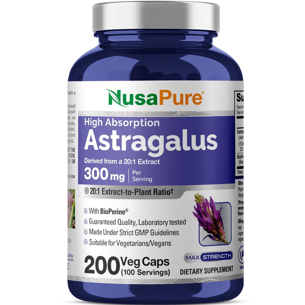 NusaPure Astragalus 20: 1 Extract, 300 mg Tilsvarende 6.000mg Per Serving, 200 Veggie Capsules, Non- GMO & Bioperine