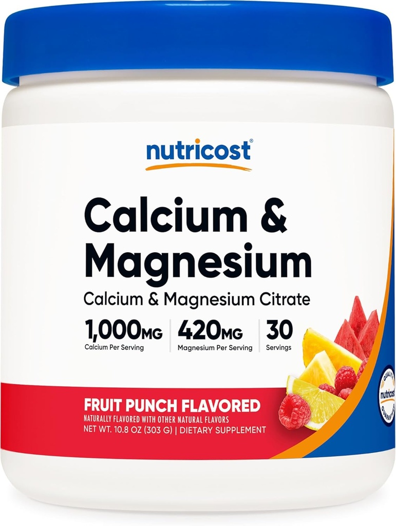 Nutricost Calcium Magnesium Powder (Fruit Punch, 30 Servere) - Knoglestøtte, Non- GMO, Gluten Free (fra Calcium Citrat og Magnesium Citrat)