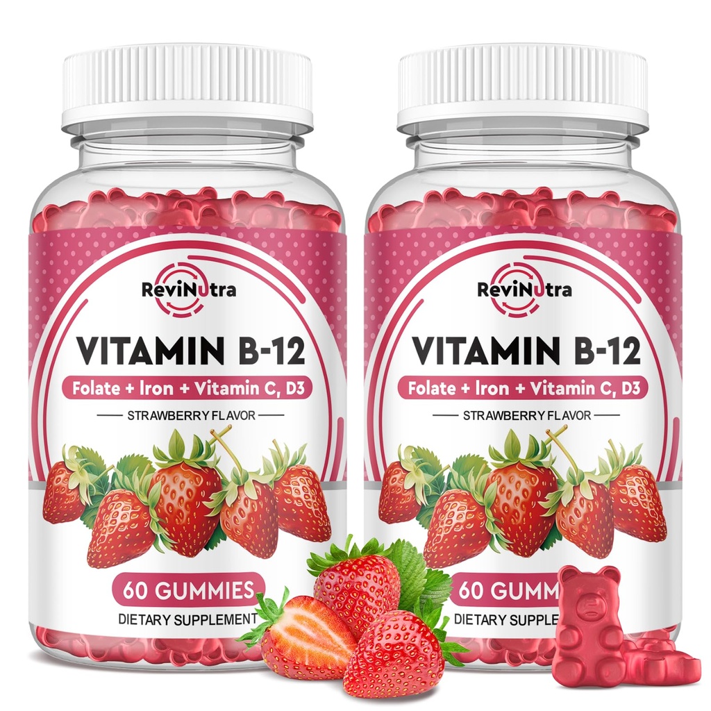B12-vitamin Complex Gummies - 5000 mcg methylcobalamin med jern, C-vitamin, D3 & Folate, energistøtte & Metabolisme, immunforsvar, B-12 tyggetabletter til mænd og kvinder, Strawberry Flavor, 2 Pack