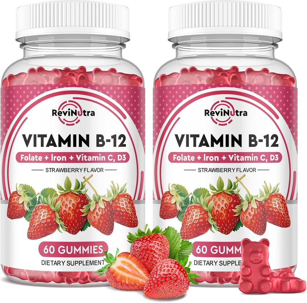 B12-vitamin Complex Gummies - 5000 mcg methylcobalamin med jern, C-vitamin, D3 & Folate, energistøtte & Metabolisme, immunforsvar, B-12 tyggetabletter til mænd og kvinder, Strawberry Flavor, 2 Pack