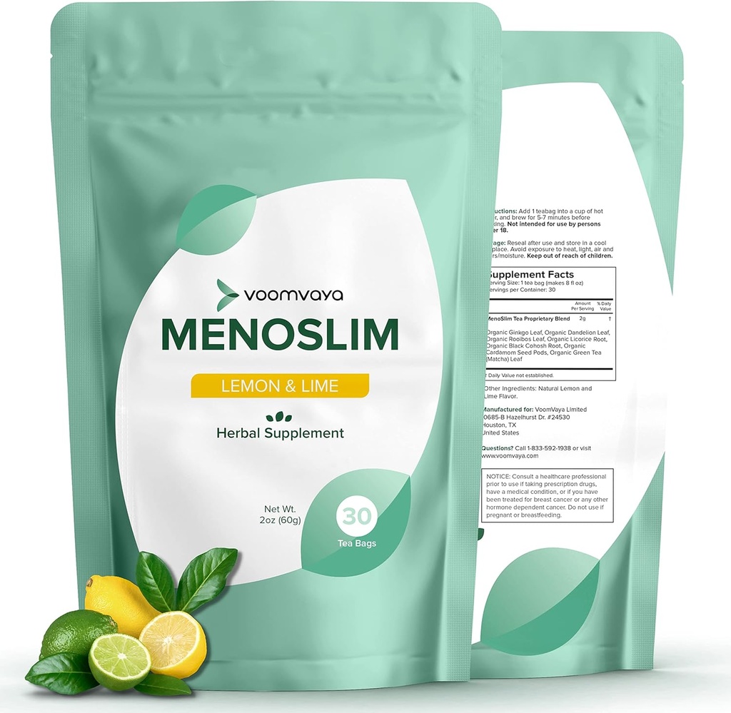 VoomVaya MenoSlim Tea - Hormone Balance Tea, Perimenopause & Østrogen supplement til kvinder - for bloating, Hot Flashes, Night Sweats & Meno-Belly - Lemon Lime Flavor - 30 Teabags