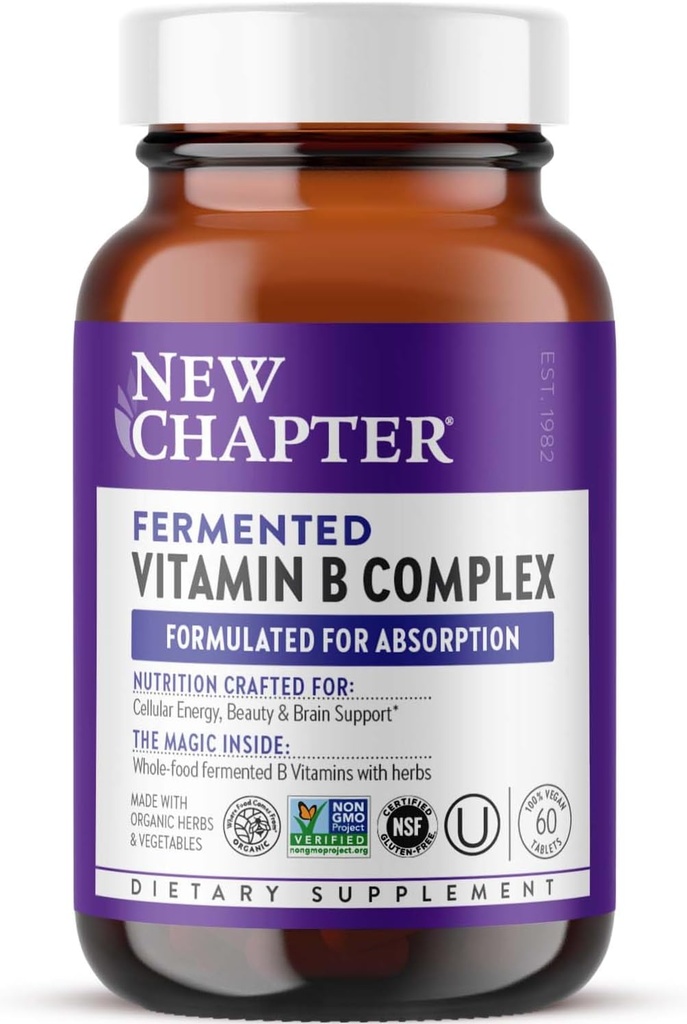Nyt kapitel Vitamin B Complex, Gæret Vitamin B Complex, USDA Organic, One Daily for Cellular Energy + Brain + Beauty, 100% Vegan, Gluten- Free - 60 Greve