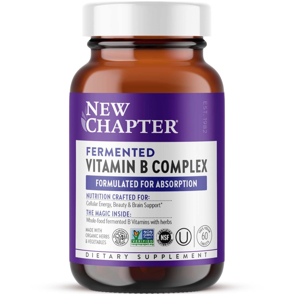Nyt kapitel Vitamin B Complex, Gæret Vitamin B Complex, USDA Organic, One Daily for Cellular Energy + Brain + Beauty, 100% Vegan, Gluten- Free - 60 Greve