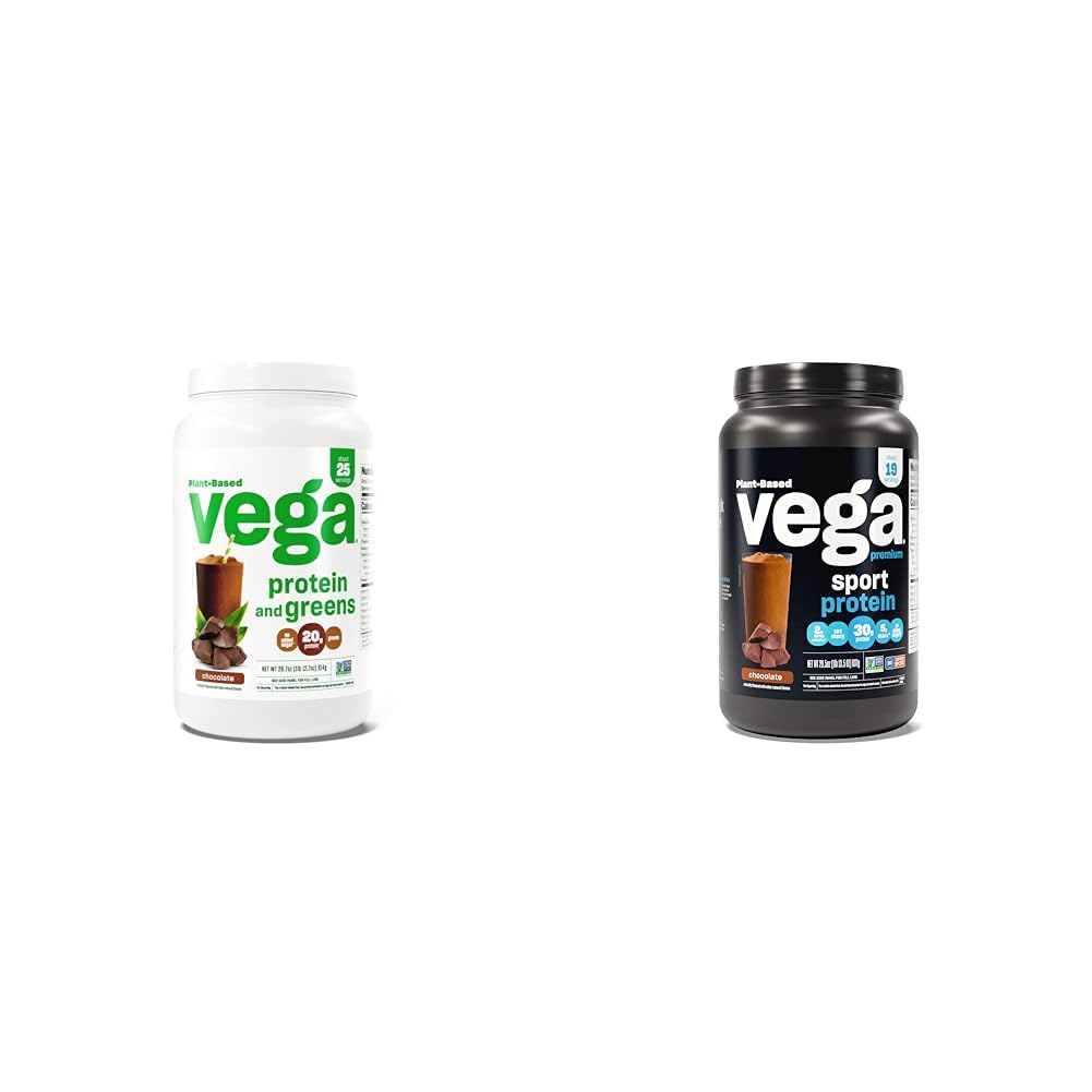 Vega Protein and Greens Protein Powder, Chocolate - 20g Plant Protein Plus & Premium Sport Protein Chocolate Powder, Vegan, Non GMO, Gluten Free Plant Based