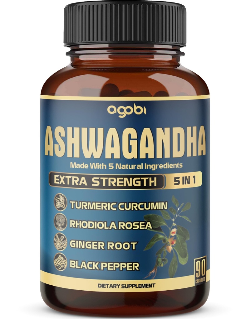 Ashwagandha Extract Capsule - Great Strength - 5i1 Blended Ingefær, gurkemeje, Rhodiola Rosea & Black Pepper - 90 Kapsler til 3 Måneder - Styrke, Spirit & Immunforsvar