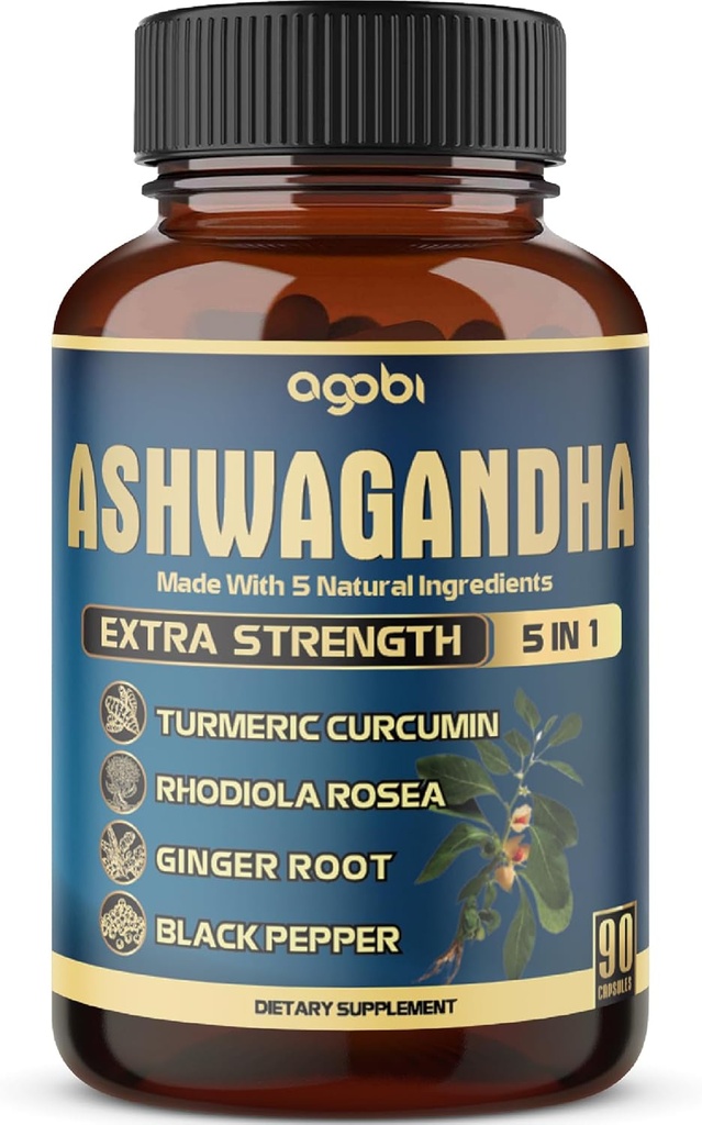 Ashwagandha Extract Capsule - Great Strength - 5i1 Blended Ingefær, gurkemeje, Rhodiola Rosea & Black Pepper - 90 Kapsler til 3 Måneder - Styrke, Spirit & Immunforsvar