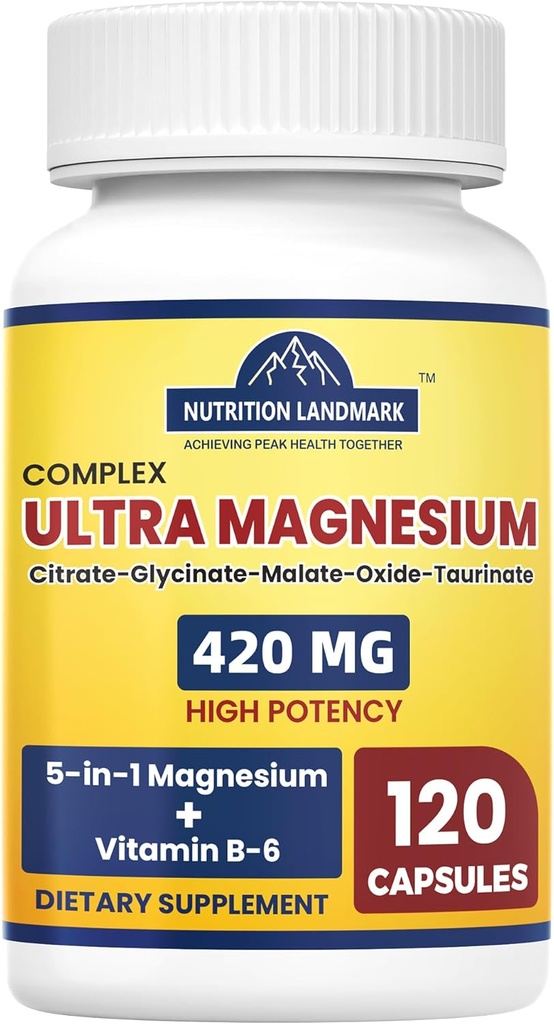 Magnesium Complex Supplement with Vitamin B6, 2 Month Supply of 420mg 5-in-1 Magnesium Oxide, Taurate, Malate, Citrate, Glycinate Max Absorption Magnesium Supplement for Calm, Sleep & Leg Cramps