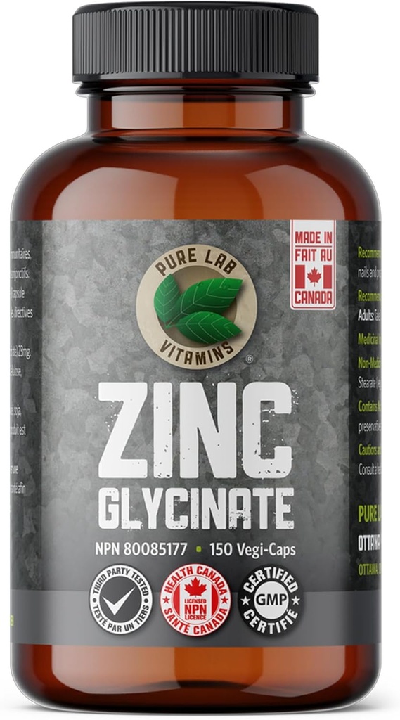 Zinc Glycinate 23 mg Supplement - 150 Vegan Caps by Pure Lab Vitamins - Amino Acid Salt for Healthy Skin & Nails - Supports The Immune System, Prostate, Vision - Made in Canada