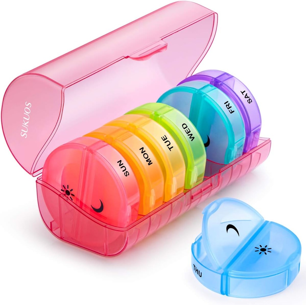 Sukuos Stor Ugentlig Pill Organizer 2 gange om dagen, Daily Pill Box 7 dag let at åbne med dobbelt beskyttelse, AM PM Pill sag for Medicine / Vitamin / Fish Oil / Kosttilskud (rød)