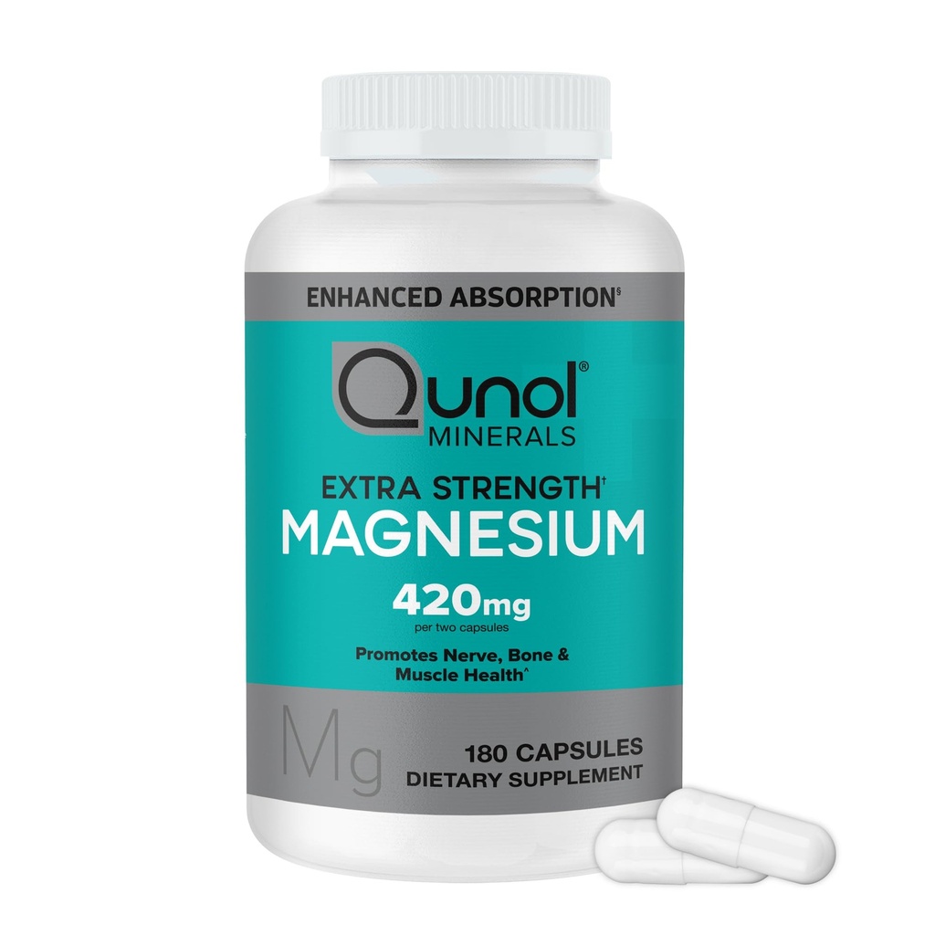 Qunol Magnesium Capsules 420mg, 100% DV, High Absorption Magnesium Supplement, Extra Strength, Bone and Muscle Health Supplement, 180 Tæl