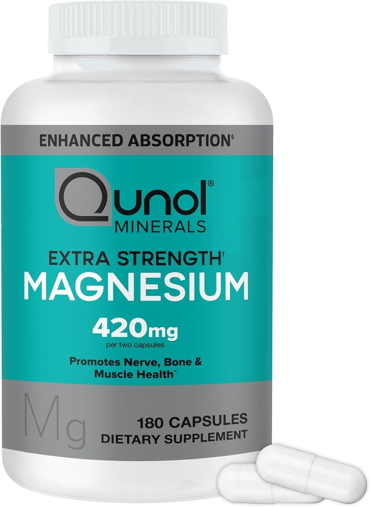 Qunol Magnesium Capsules 420mg, 100% DV, High Absorption Magnesium Supplement, Extra Strength, Bone and Muscle Health Supplement, 180 Tæl