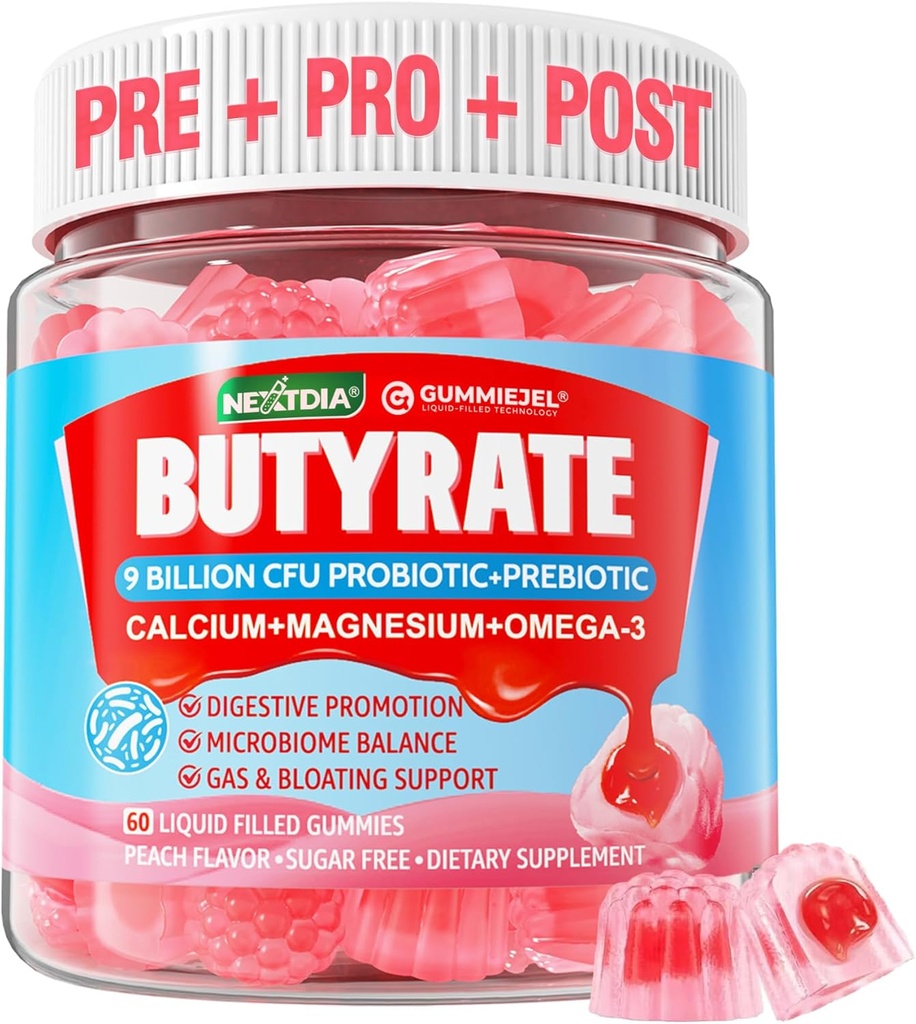 Butyrate Gummies with Probiotic + Prebiotic + Postbiotic, Omega-3 500mg, Fiber with 9 Million CFU Probiotika, Calcium & Magnesium, Inulin, Psyllium Husk for fordøjelsessygdomme, Bloating Support, Sugar Free