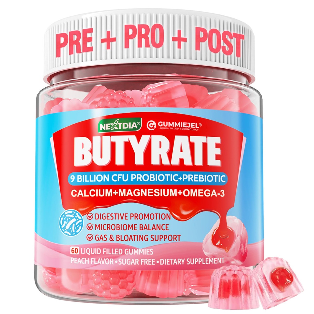 Butyrate Gummies with Probiotic + Prebiotic + Postbiotic, Omega-3 500mg, Fiber with 9 Million CFU Probiotika, Calcium & Magnesium, Inulin, Psyllium Husk for fordøjelsessygdomme, Bloating Support, Sugar Free