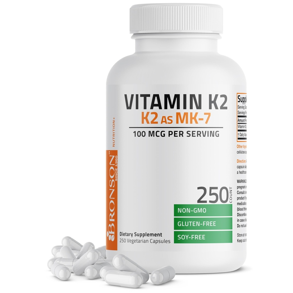 Bronson vitamin K2 som MK- 7 Menaquinone 100 mcg Non- GMO, 250 kapsler