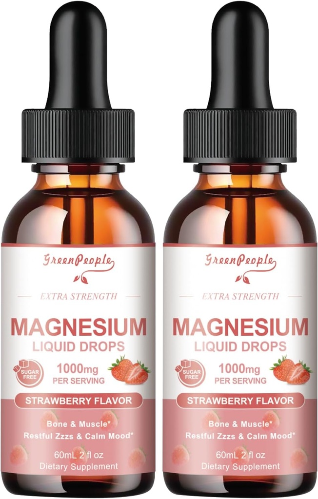 GREENPEOPLE Magnesium Glycinate Liquid Drops - 1000mg 5-in-1 High Absorption Liquid Magnesium Complex with D3/K2/B6 | Fast-Acting, Bone, Muscle & Sleep | Sugar-Free Strawberry Flavor, 2fl Oz 2 Pack
