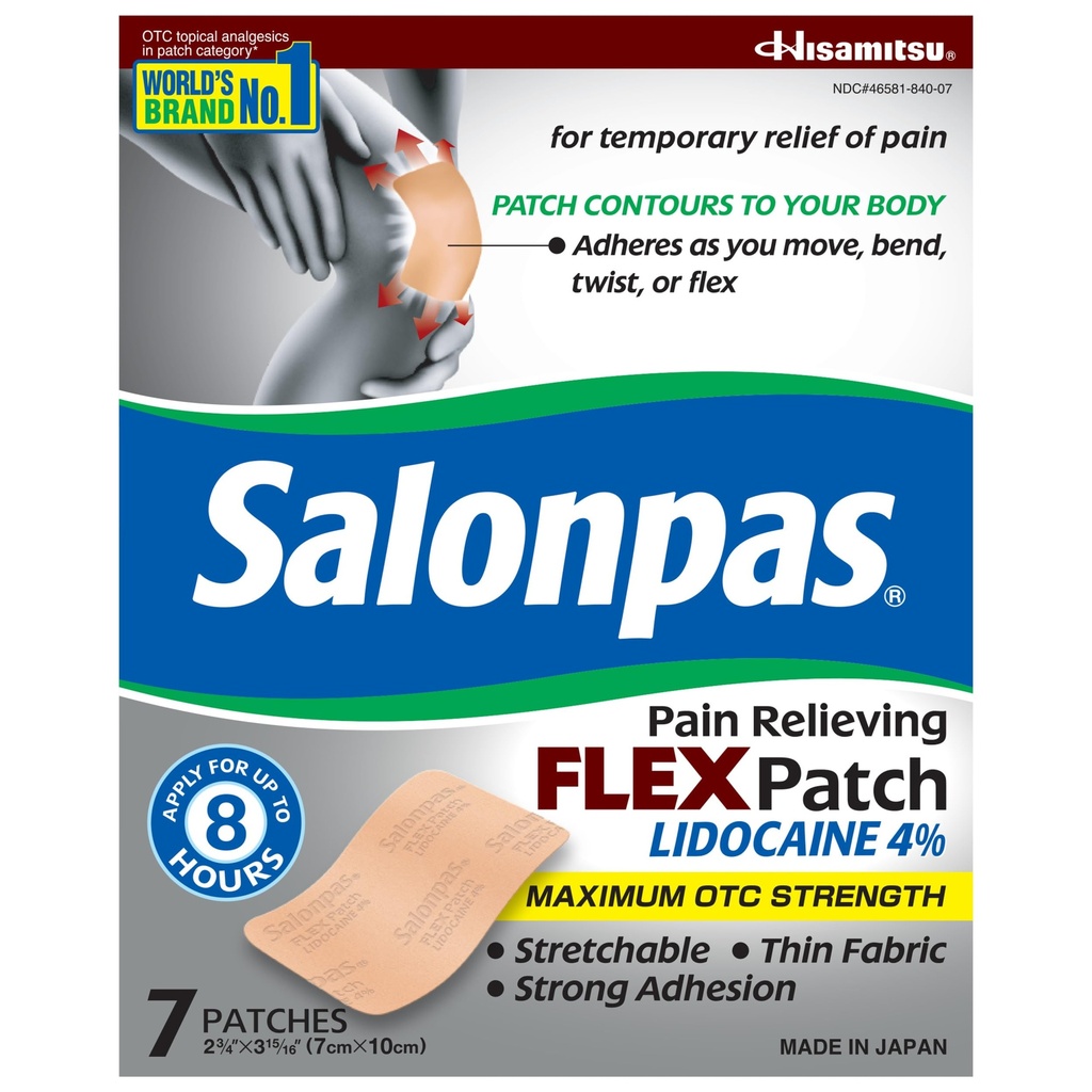 Salonpas Maksimal OTC styrke Lidocain 4% smertestillende FLEX patch, Ansøg op til 8 timer, uduftende, Thin, fleksibel, letvægt, Patch Stays i stedet, 7 patches