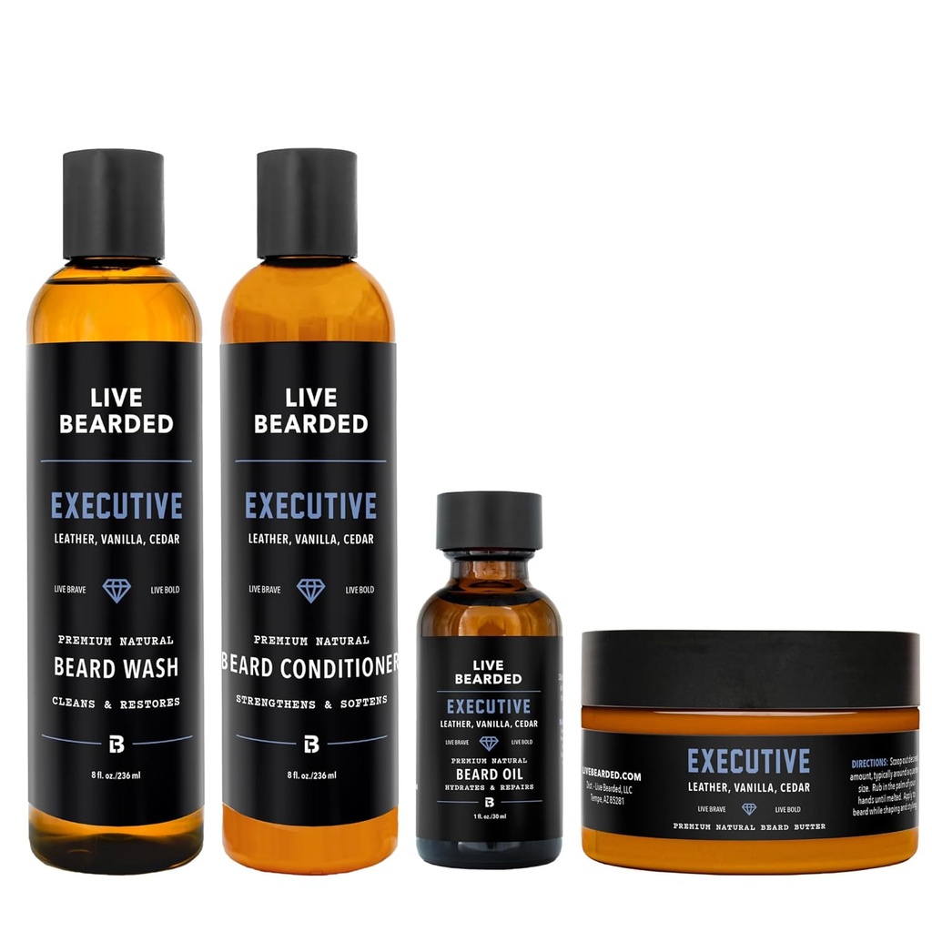 Levende Bearded Complete Beard Grooming Kit - Vask, Conditioner, Smør og olie - Lavet i USA med All- Natural Ingredients - Herre Groom Set Buddy 124; Executive Stift - Cedar, Vanilla