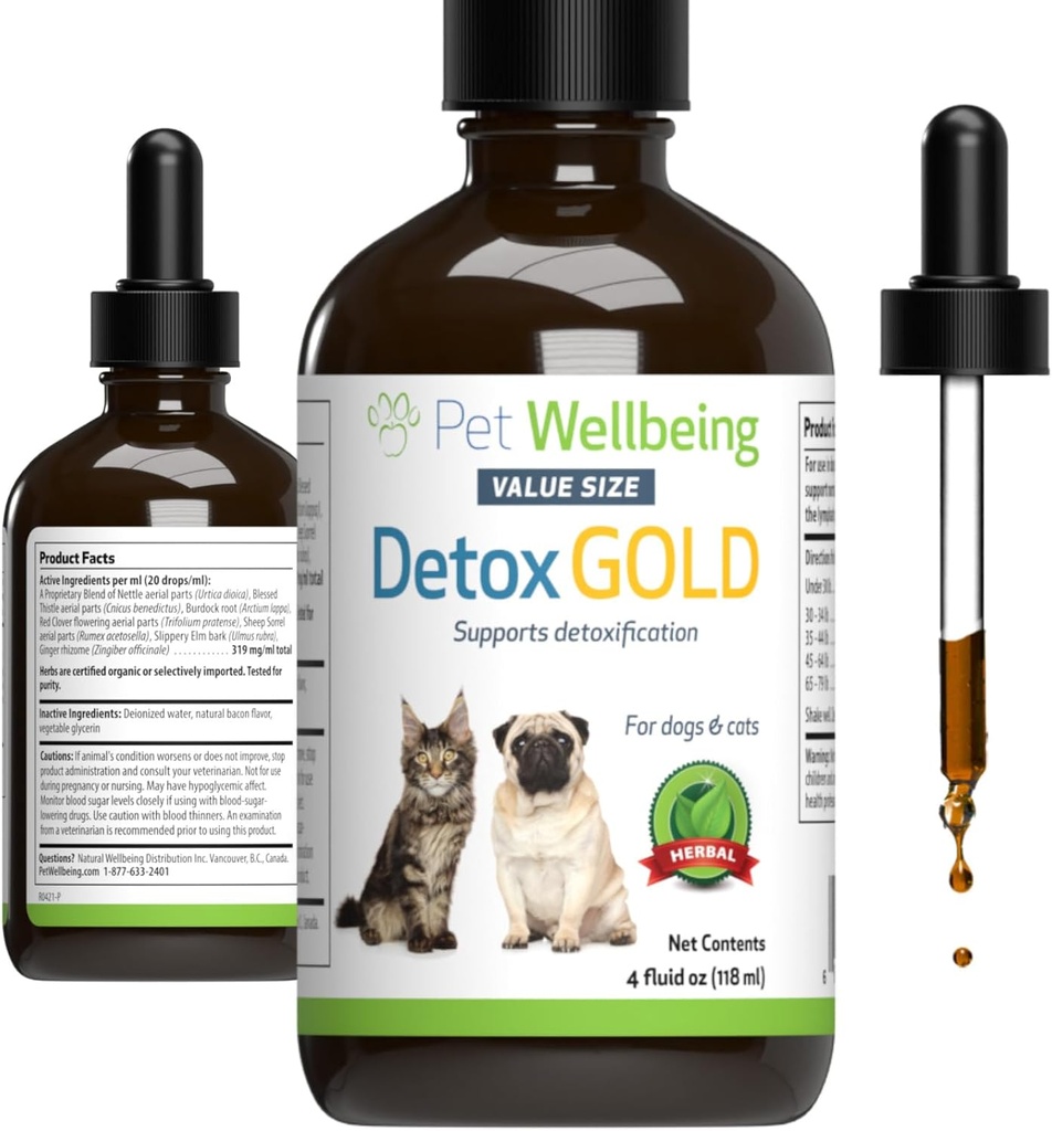 Pet Wellbeing Detox Gold for Dogs & Cats - Gentle afgiftning & Elimination Support, Immunsystemet Care, Nettle, Velsignet Thistle - Veterinarian- Formuleret Herbal Supplement 4 oz (118 ml)