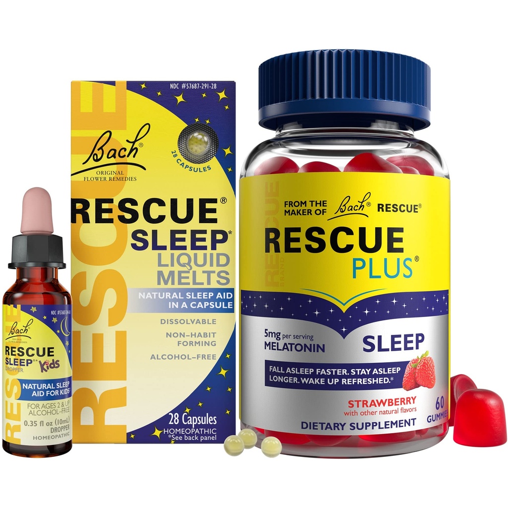 RESCUE Nighttime Sleep Aid Bundle, 3Pk - Bach Sleep Kids Dropper, 10ml Sleep Liquid Melts, 28Ct Plus Sleep Gummies med 5 mg Melatonin / dosis, 60Ct