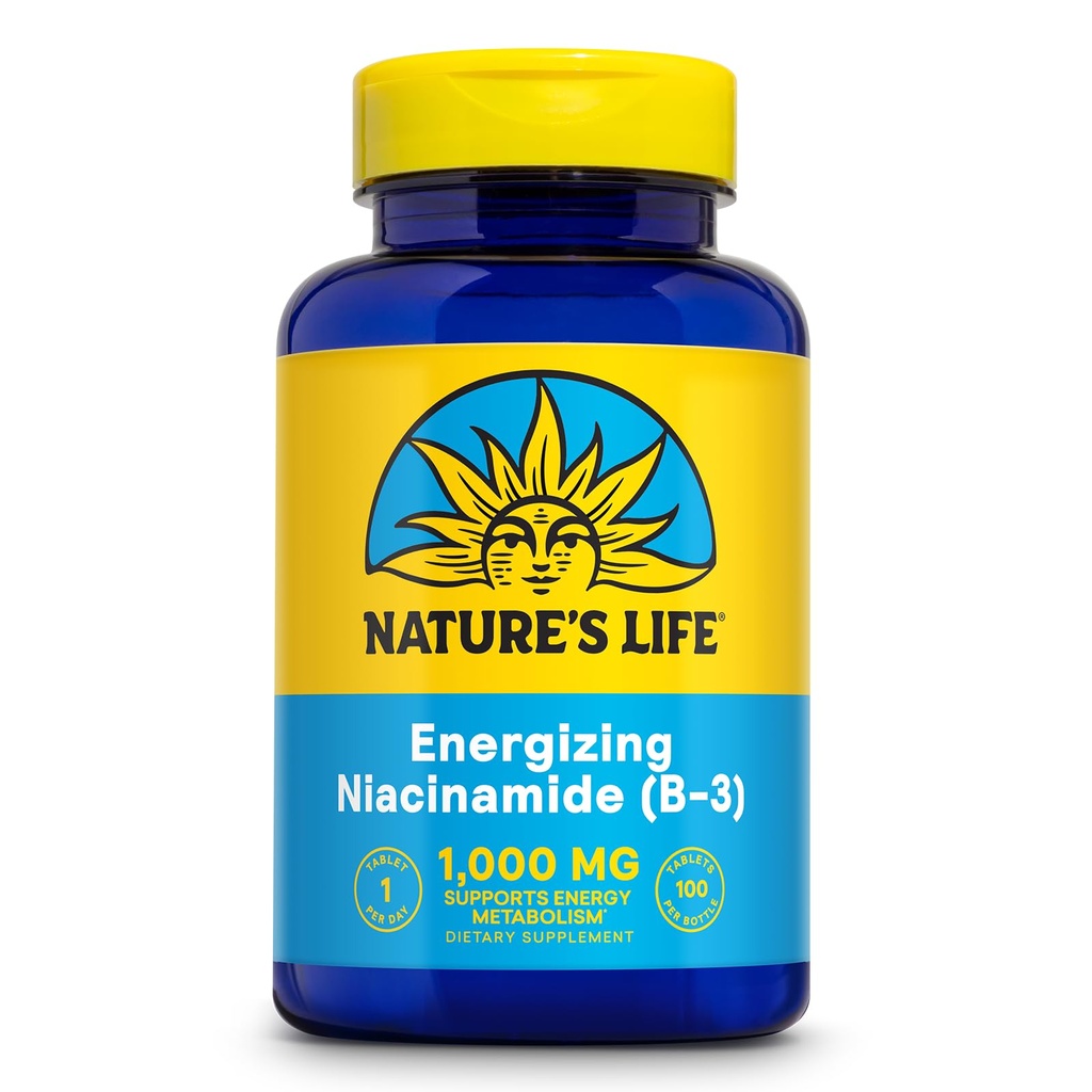 Nature 's Life Energizing Niacinamid, Vitamin B3 1000mg - High Potency, No Flush Niacin Supplement - Nerve funktion, Energi og Metabolisme Support - 60- dag garanti - 100 Servere, 100 tabletter