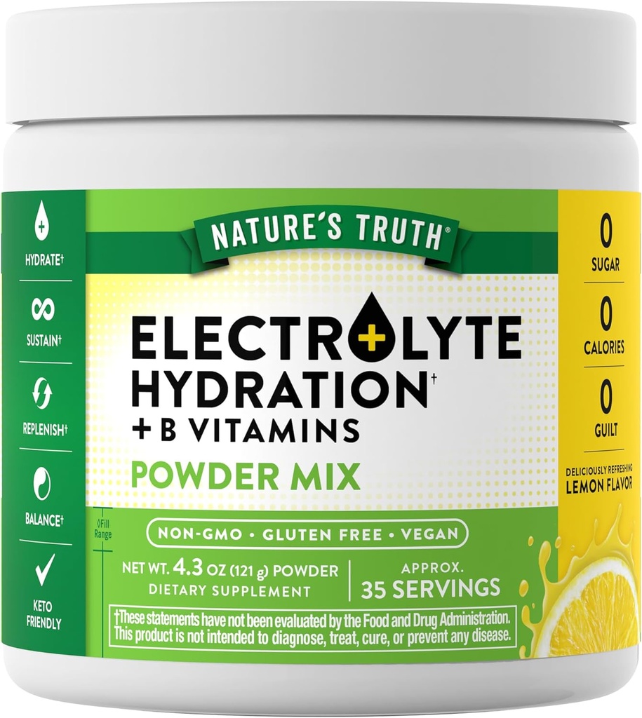 Naturens sandhed Elektrolyter Pulver • 124; Ingen Sukker • 124; med B Vitamin • 124; Genopfriskning Lemon Flavor • 124; Vegan, Non- GMO & Gluten Free Supplement for Hydration