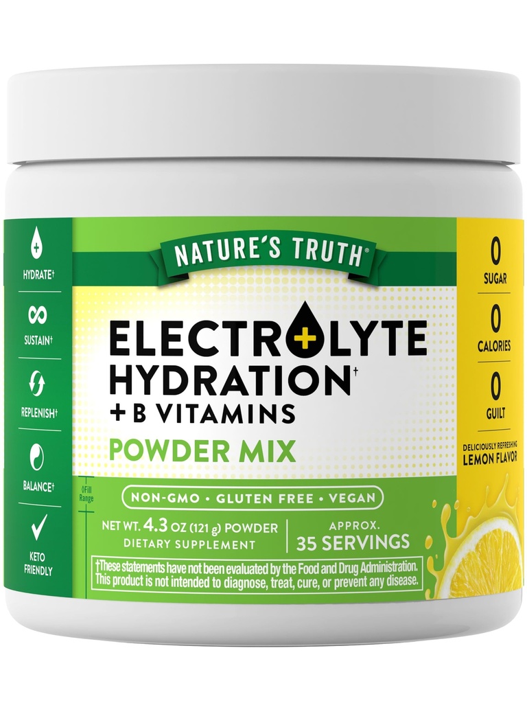 Naturens sandhed Elektrolyter Pulver • 124; Ingen Sukker • 124; med B Vitamin • 124; Genopfriskning Lemon Flavor • 124; Vegan, Non- GMO & Gluten Free Supplement for Hydration