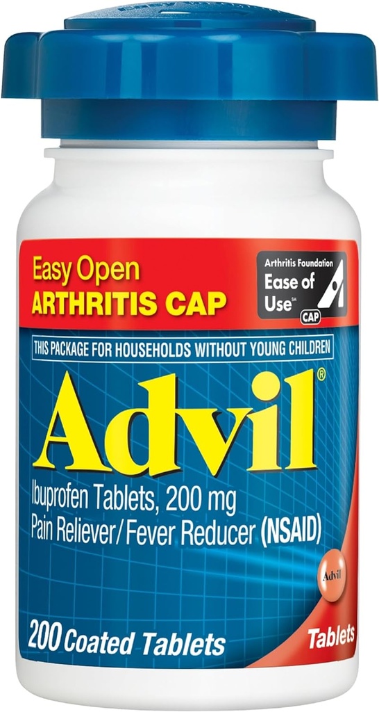 Advil (200 Greve) Easy Open Arthritis Cap Pain Reliever / Fever Reducer Coated Tablet, 200mg Ibuprofen, Midlertidig smertelindring