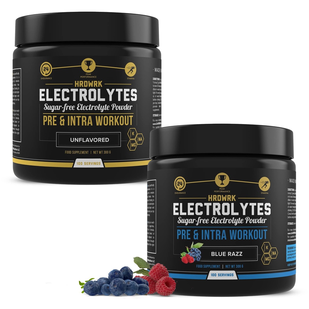 MMA Nutrition HRDWRK 100 Servering Keto Electrolytes Powder Hydration Sugar Free - Electrolyte Powder to Boost Endurance & Reducer Træthed med Electrolytes Supplement - Unflavored & Blue Raspberry Set