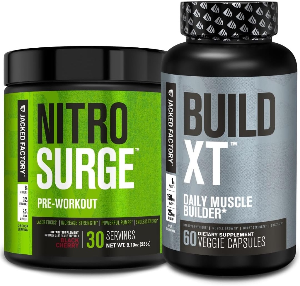 Jacked Factory Nitrobølge Pre- Workout i Black Cherry & Build XT Muscle Building Bundle for mænd og kvinder