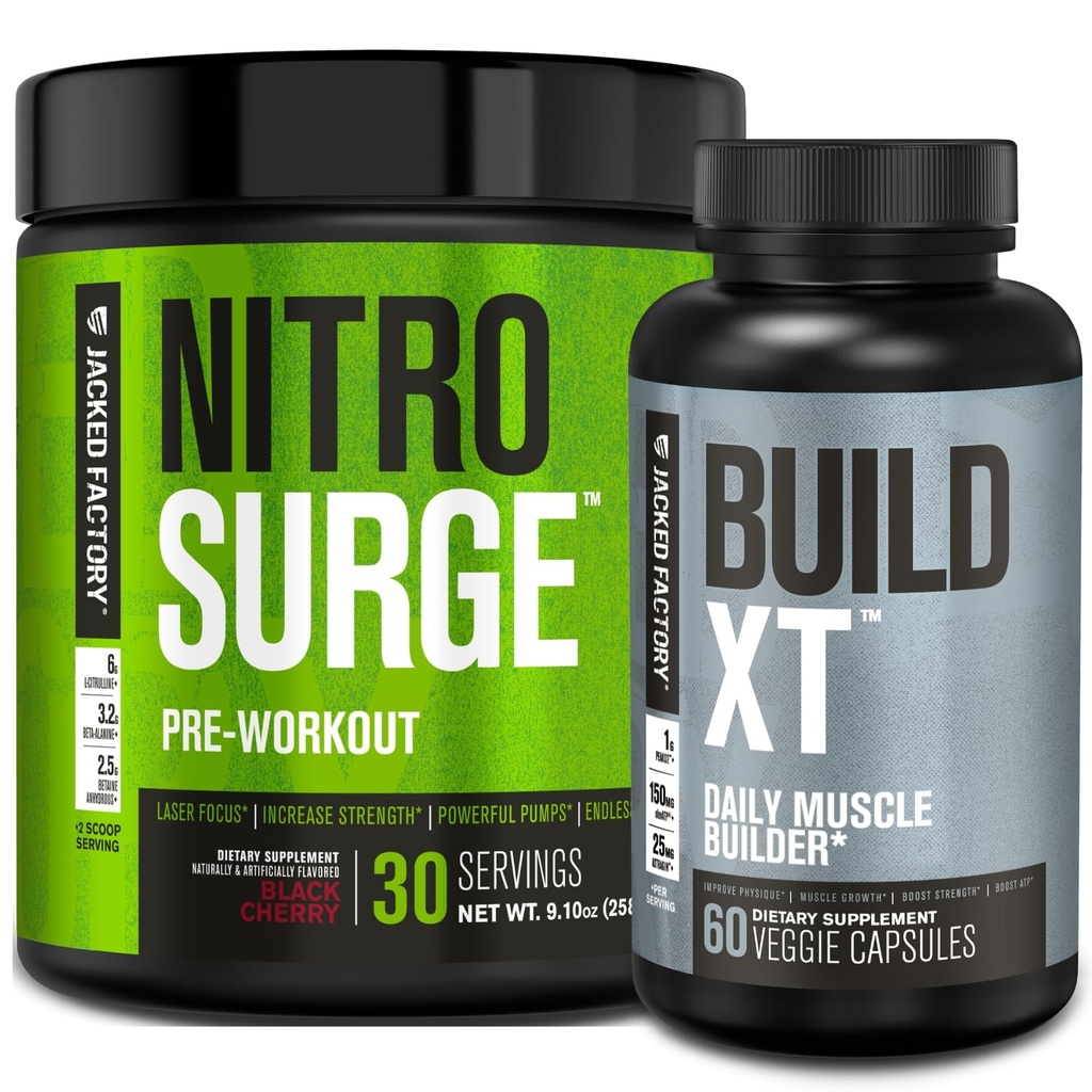 Jacked Factory Nitrosurge Pre-Workout in Black Cherry & Build XT Muscle Building Bundle for Men & Women