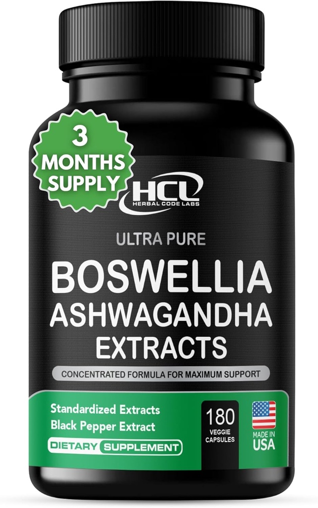 Boswellia Extract og Ashwagandha Capsules 2000 mg - Stærk Natural Support Pills 3 Måned Supply - Samordnet Boswellia Serrata 65% Boswellic Acid med Ashwagandha Powder Supplement