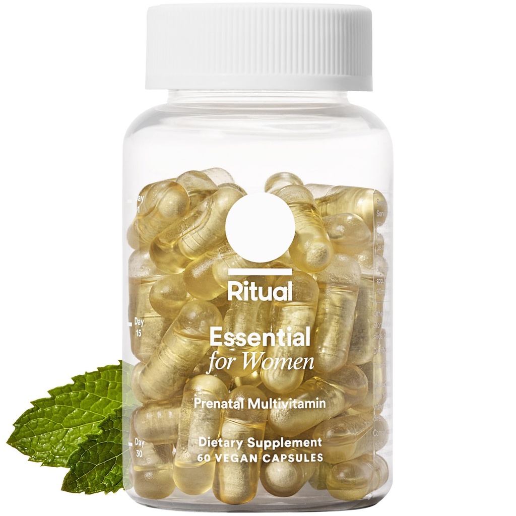 Ritual Essential for Women Prenatal Multivitamin: Folate & Cholin for Neurale Tube Support, Omega-3 DHA for Fetal Brain Development, Iron, Calcium- Helper D3 & K2, Non- GMO, Vegan, Mint, 30 dage