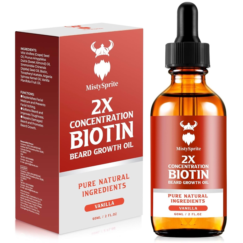 Beard Growth Oil - 2X Koncentration Biotin til mænd (2 oz) - Natural With Argan, Jojoba og Vitamin, Vækstblødgøringsmiddel, Fugt (Vanilla)