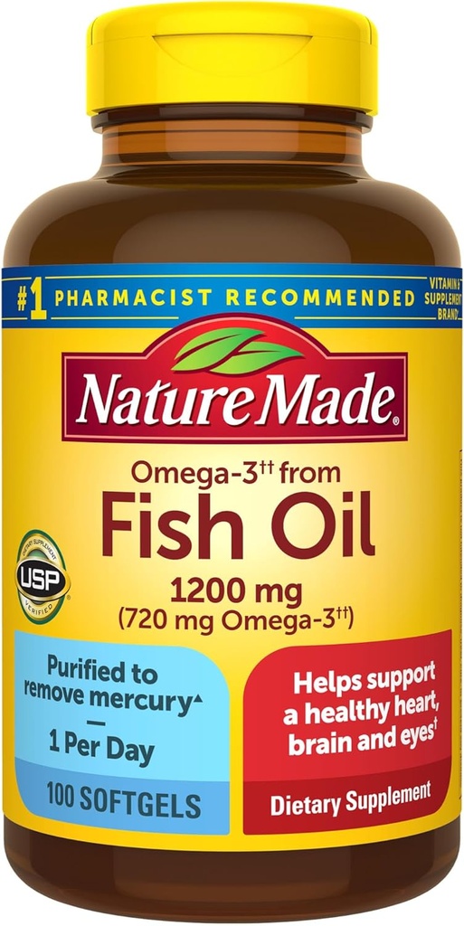 Nature Made Fish Oil Omega 3 Kosttilskud, Omega 3 Fish Oil som Ethyl Esters 1200 mg Softgels, EPA DHA tillæg for sundt hjerte, hjerne, Eye Support, One Per dag, 100 Softgels