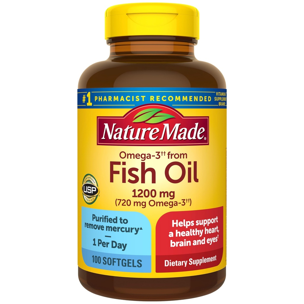 Nature Made Fish Oil Omega 3 Kosttilskud, Omega 3 Fish Oil som Ethyl Esters 1200 mg Softgels, EPA DHA tillæg for sundt hjerte, hjerne, Eye Support, One Per dag, 100 Softgels