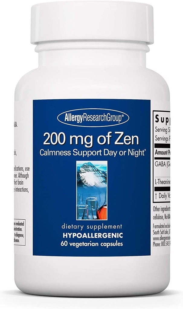 Allergy Research Group 200 mg Zen - GABA L- Theanine Supplement, Natural Call, Sleep & Relax Support til kvinder & mænd, tage dag eller nat for afslapning og rolig energi - 60 vegetariske kapsler