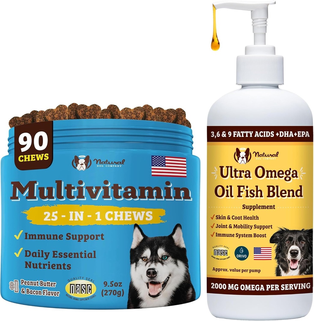 Natural Dog Company Multivitamin Chews og Ultra Omega Oil for Aktive Hunde - Nutrient- Rich Dog Treatings med Omega-3 og essentielle Vitaminer, Understøtter kognitiv sundhed og samlede Vitalitet for alle racer