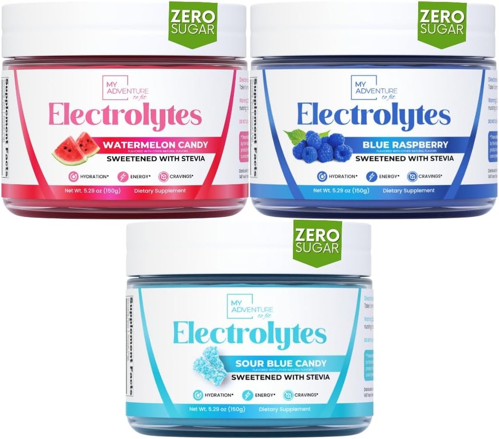 Min Adventure til Fit Forfriskende Hydration Elektrolyter Pulver med Zero Sugar, Bundle, Vandmelon Candy & Sour Blå & Blå Raspberry Flag