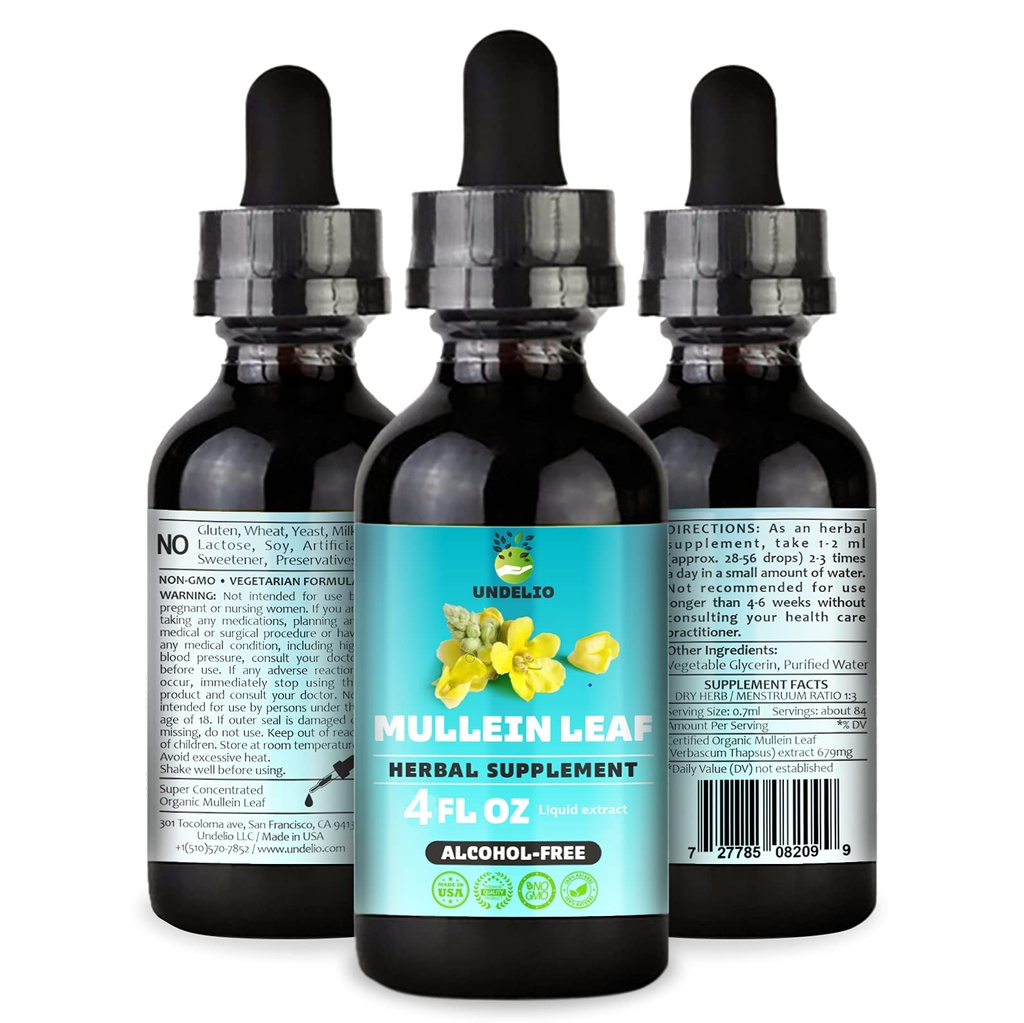 Undelio 's Herbal Mullein Leaf Extract - Organic & Alkohol- Free Tincture for Respiratory, Lung, Sleep & fordøjelsesstøtte - Non- GMO, Vegan - 4 fl. Oz for immunforsvar & Lung Detox