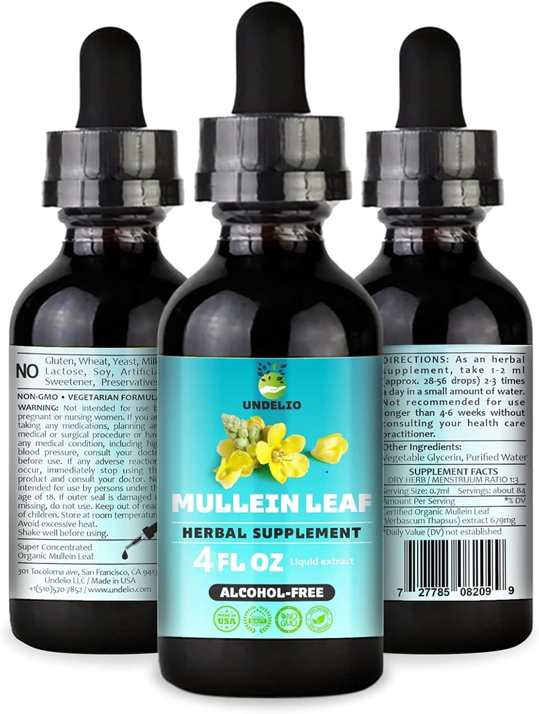 Undelio 's Herbal Mullein Leaf Extract - Organic & Alkohol- Free Tincture for Respiratory, Lung, Sleep & fordøjelsesstøtte - Non- GMO, Vegan - 4 fl. Oz for immunforsvar & Lung Detox