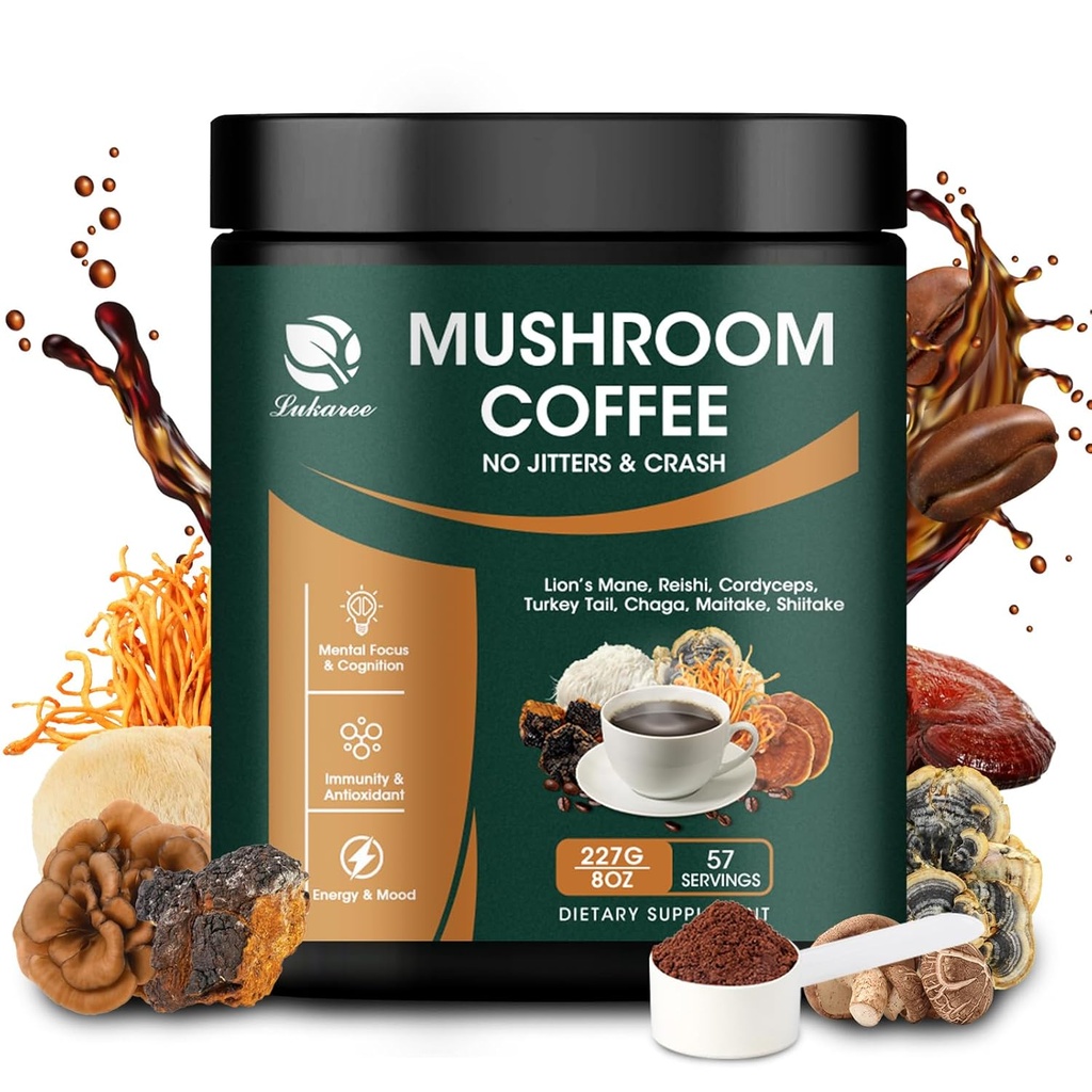 Lukaree Mushroom Kaffe 14 i 1 Instant Mushroom Kaffe Arabica Kaffe Mushroom Pulver med løvens Mane, Reishi, Chaga, Cordyceps, Shiitake, Maitake, Tyrkiet Hale for Focus Energy Immunity 8 oz (227g)