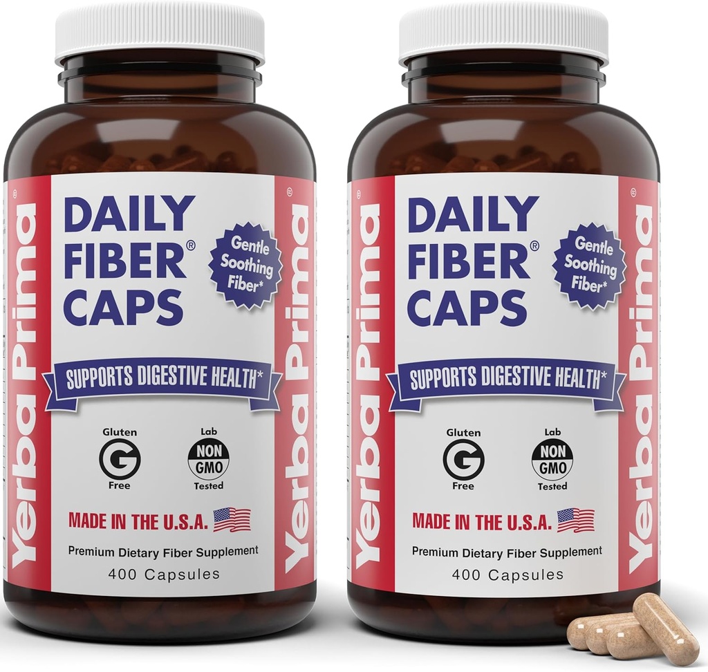 Yerba Prima Daily Fiber Caps Formel 400 Kapsler (pakke af 2) - Både Opløselig / Uopløselig Fiber med Psyllium Seed Husdyr, Acacia Gum, Apple Fiber supplement